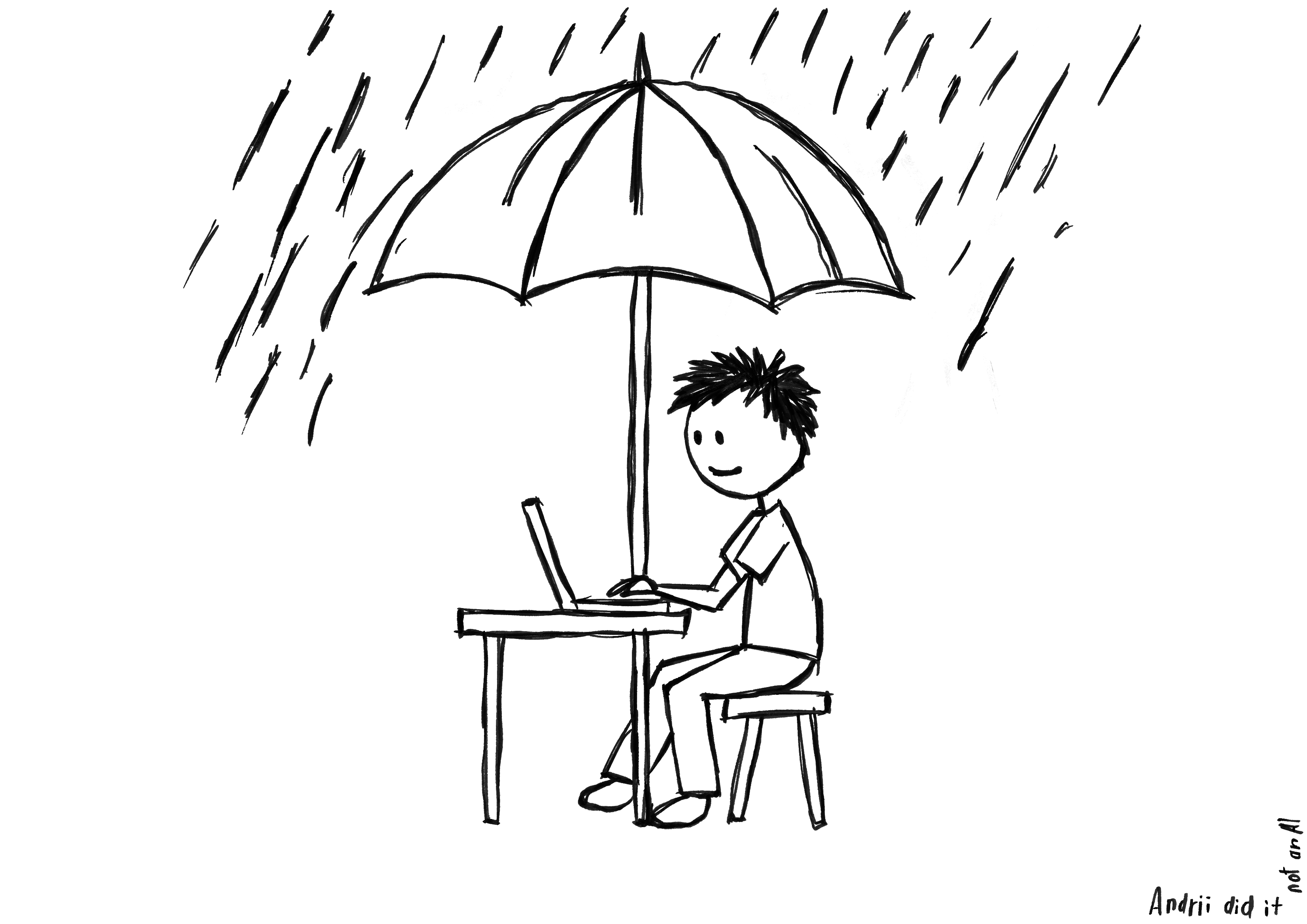 Hand-drawn illustration of a smiling developer working at a laptop under a large umbrella that shields him and his desk from a heavy rainstorm.