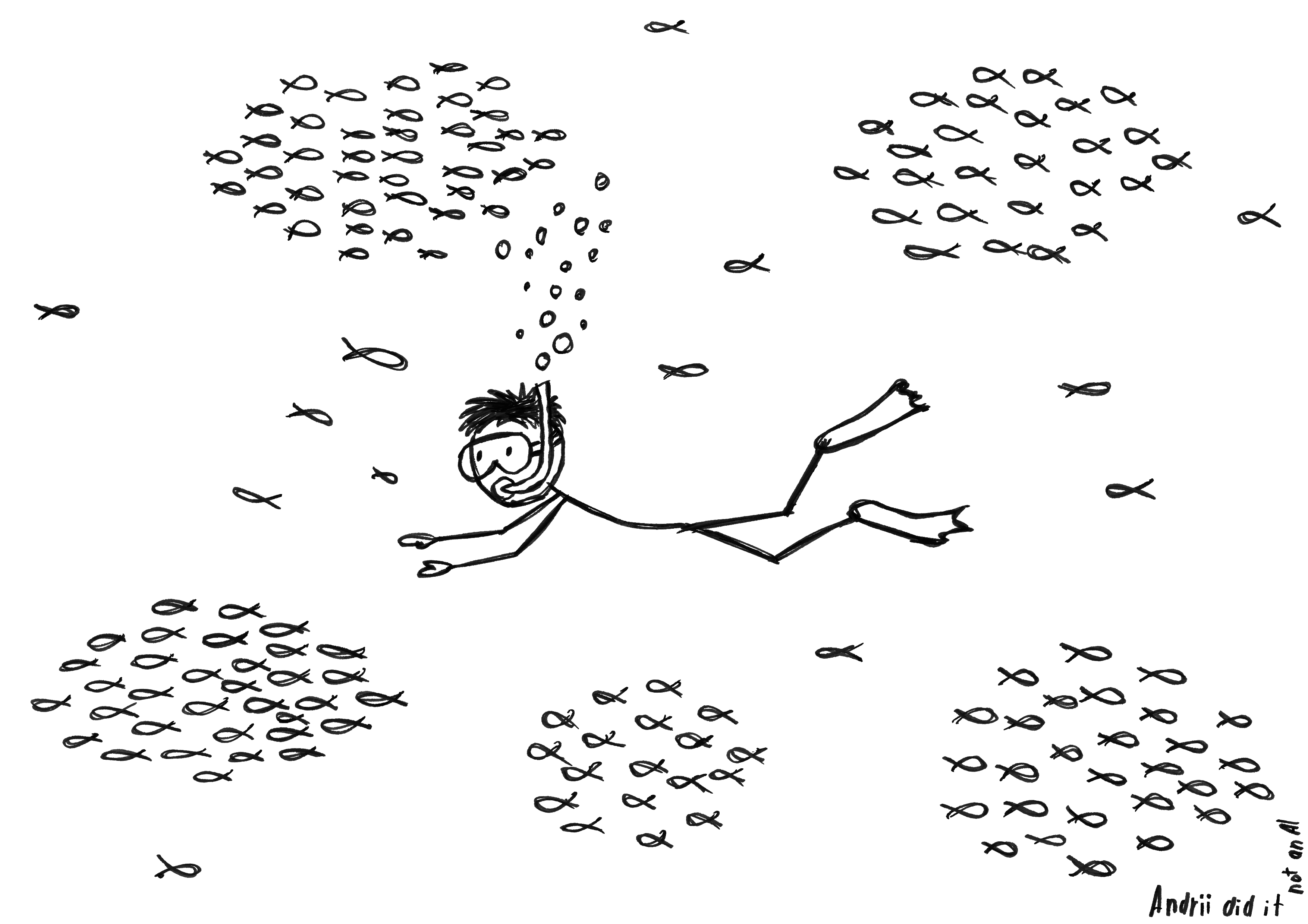 Hand-drawn napkin illustration of a stick-figure scuba diver swimming underwater among distinct, grouped schools of small fish clustering together across open water.