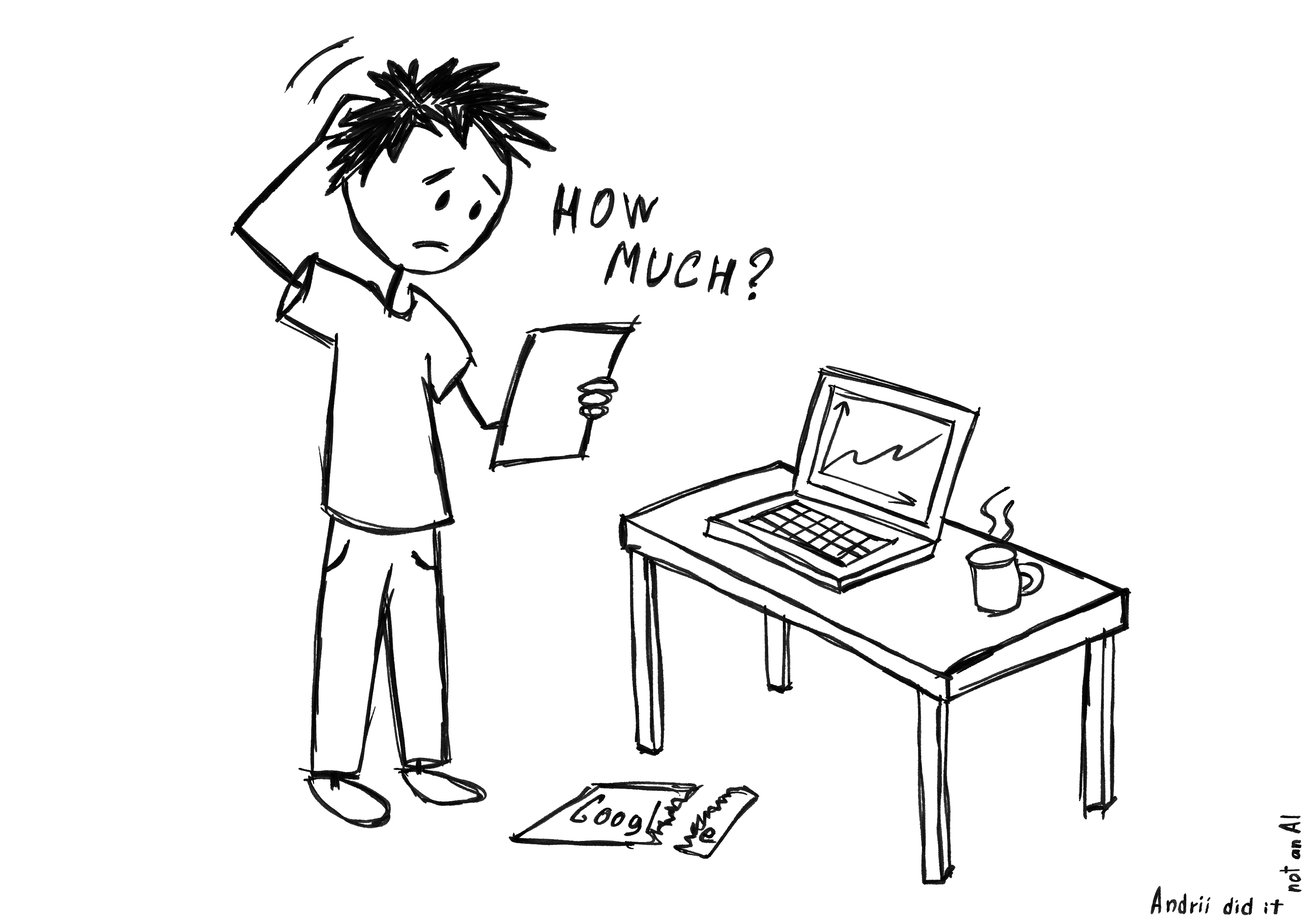Hand-drawn illustration of a developer scratching his head in confusion while holding a bill, with handwritten text asking HOW MUCH? next to a laptop and a torn Google envelope on the floor.
