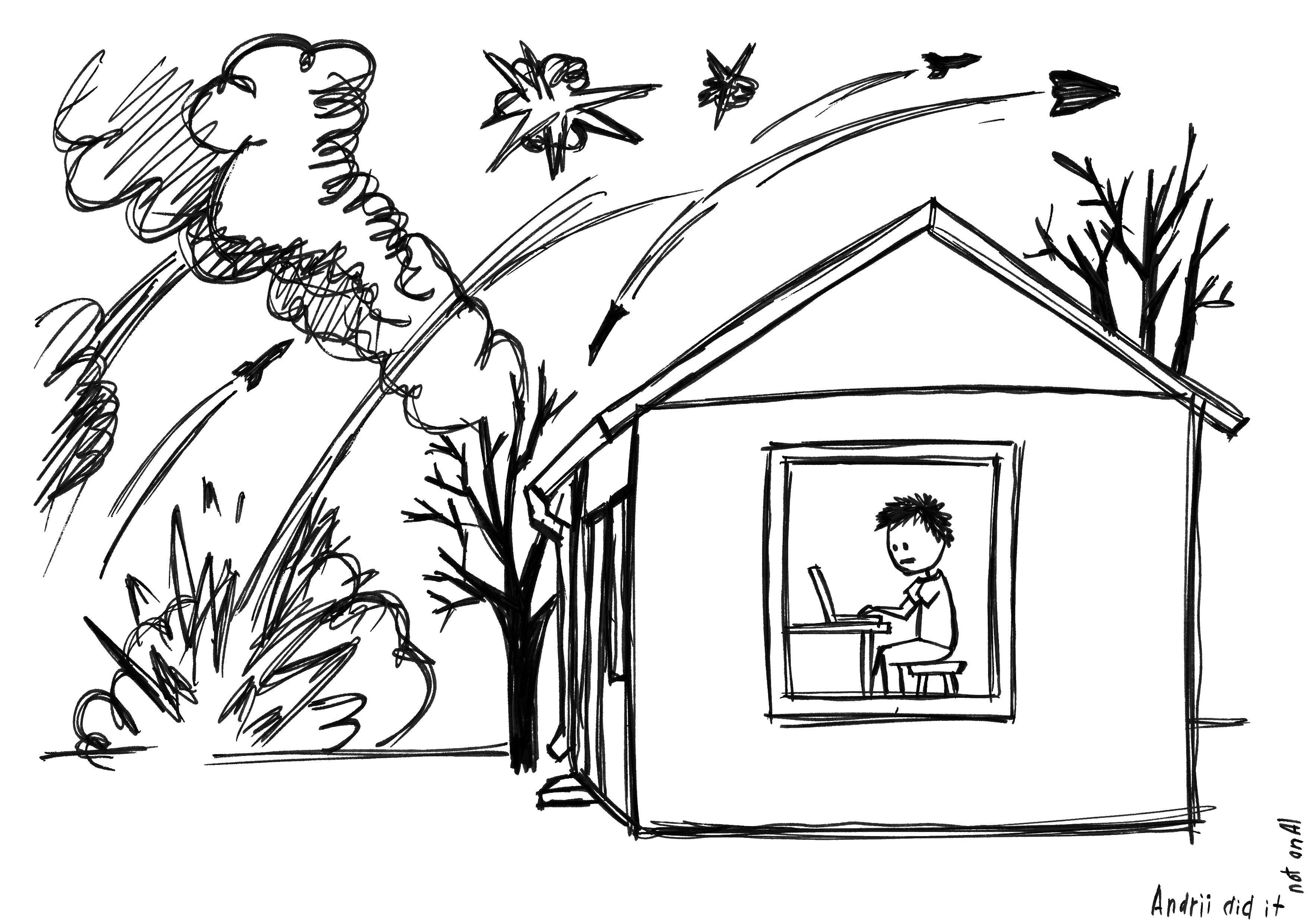 Hand-drawn black ink illustration showing a person working on a laptop inside a house, while outside the window missiles arc across the sky, explosions burst into smoke plumes, and a Telegram paper plane logo flies among the rocket trails.